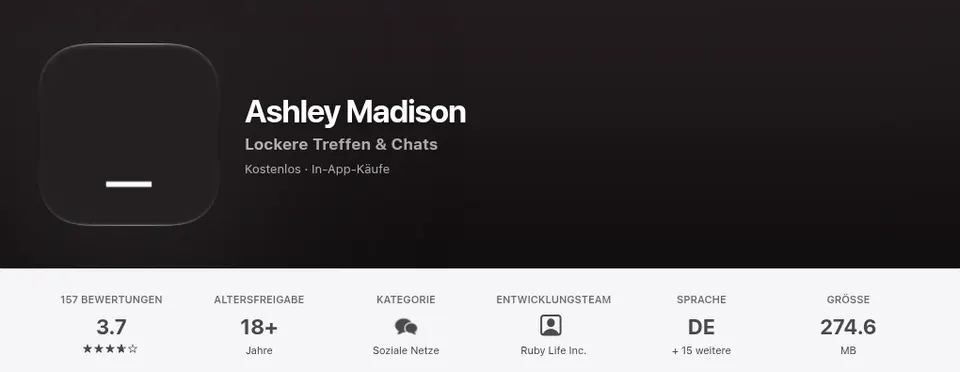 Ashley Madison Erfahrungen: App-Eintrag im Schweizer App Store mit 3,7 Sternen, Altersfreigabe 18+ und Anbieter Ruby Life Inc.