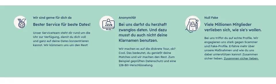 C-Date Erfahrungen: Startseite c-date.ch mit Serviceteam, Anonymität und «Null Fake»