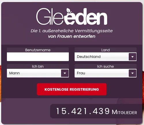 Gleeden Erfahrungen: Startseite mit kostenloser Registrierung und Angabe der Mitgliederzahl