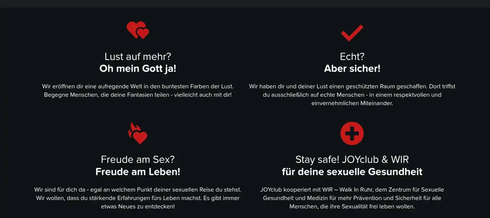 JOYclub Erfahrungen: Startseite mit den Punkten «Echt? Aber sicher!» und «Stay safe»